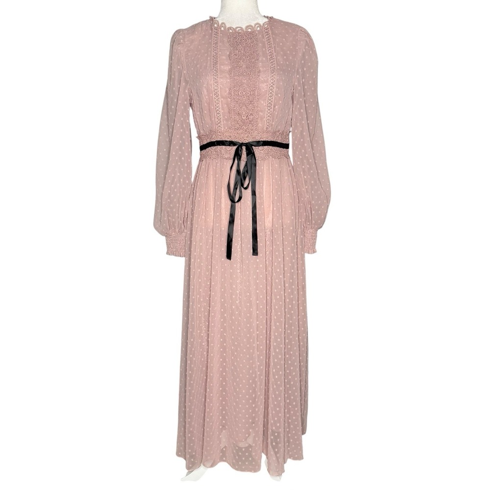 Prairie Dress Maxi S Lace Swiss Dot Ribbon Cottage Romantic Sheer Bishop Sleeve
